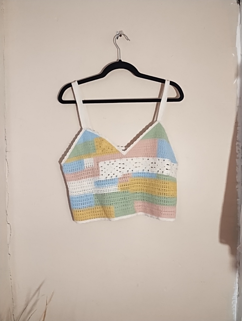 New In Crochet Multicolor Crop Top Sz S/M  Boho Festival Rainbow Patch Work